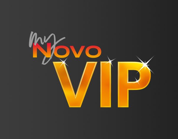 Bild für VIP Logo mit dem Text "my Novo VIP" in glänzenden gelben Schriftzügen auf schwarzem Hintergrund.